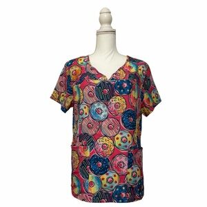 Colorful Rainbow Donut Print V-Neck Nursing Medical Top Women’s Large